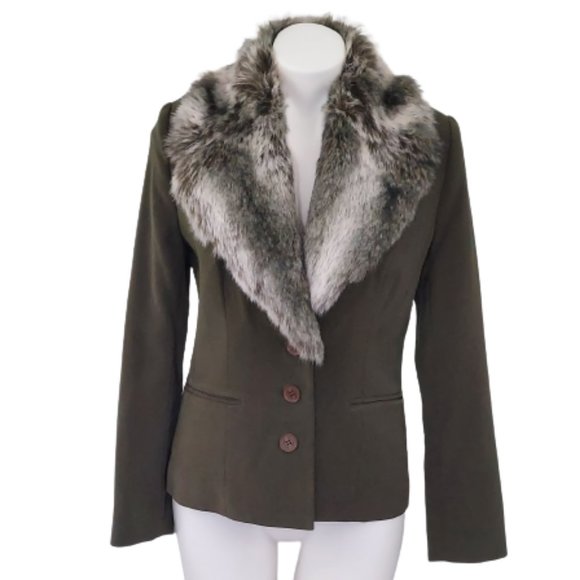 Vintage Ju Ju be Army Green 2 piece skirt suit with faux fur collar - Picture 4 of 14